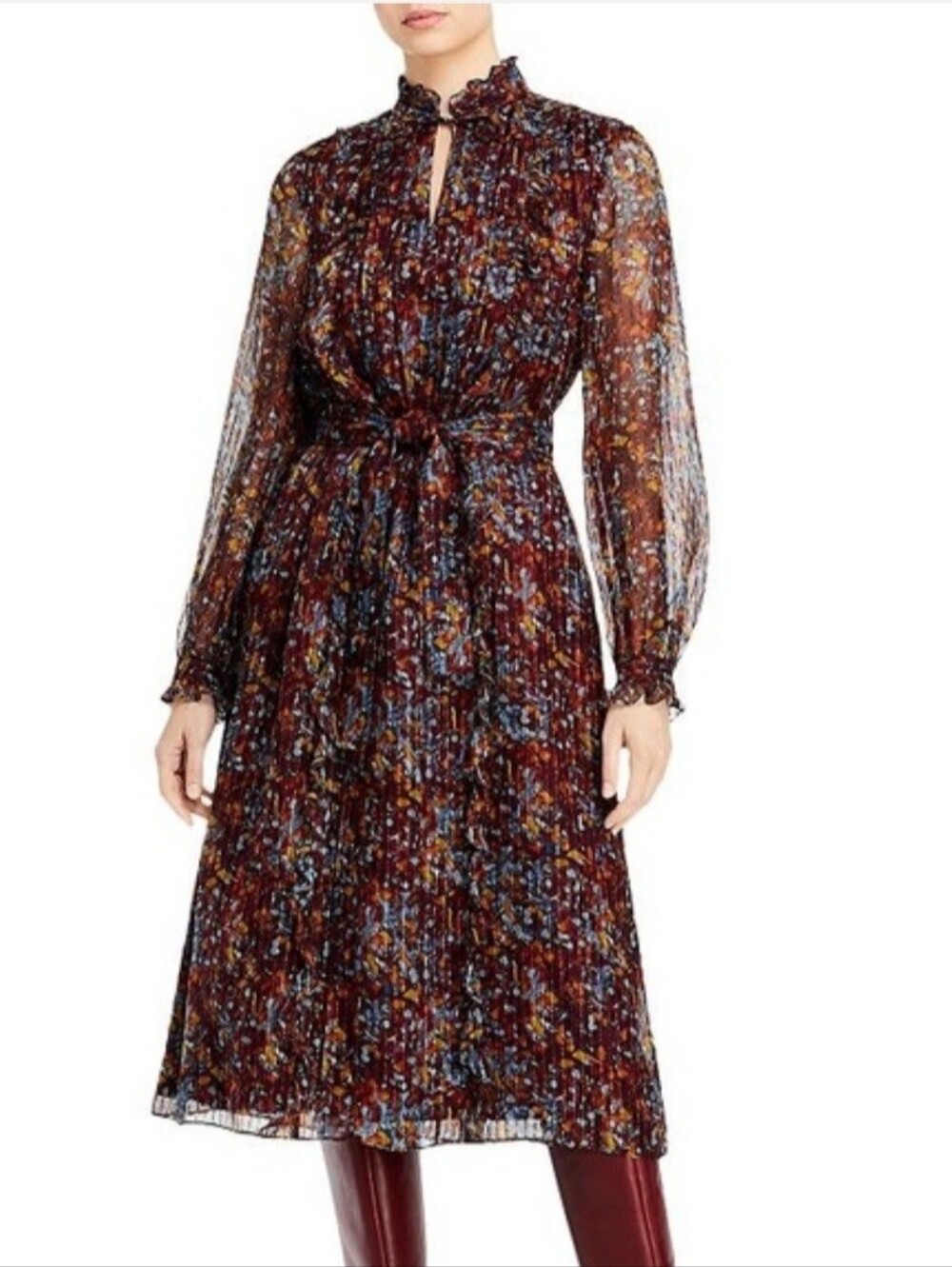 Lafayette 148 New York Harlan Burgundy Floral Long-Sleeve Silk Midi Dress